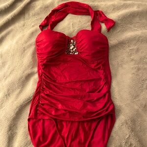 Red Jantzen halter top one piece bathing suit with jewel embellishment